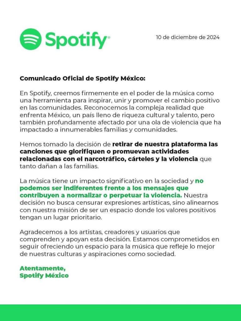 Comunicado supuestamente de Spotify para nota sobre ¿Spotify México retira los narcocorridos? Esto es lo que debes saber